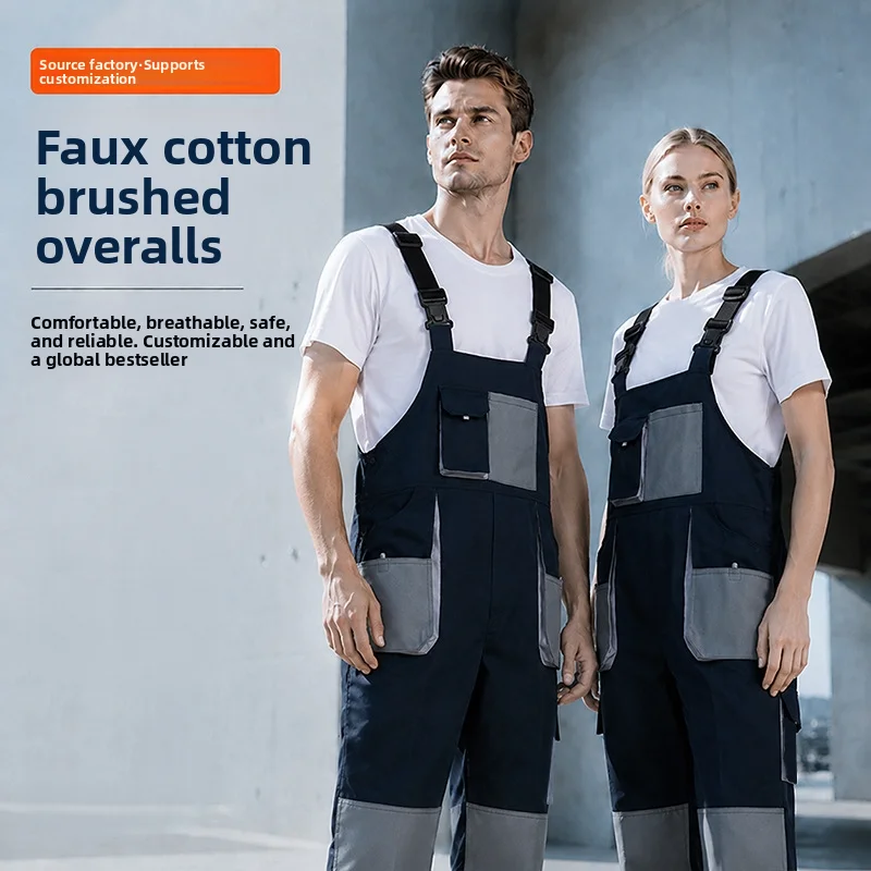 Factory Working Bib Overalls Faux Cotton Brushed Wearproof Men Women Multi Pocket Adjustable Shoulder Straps Overalls