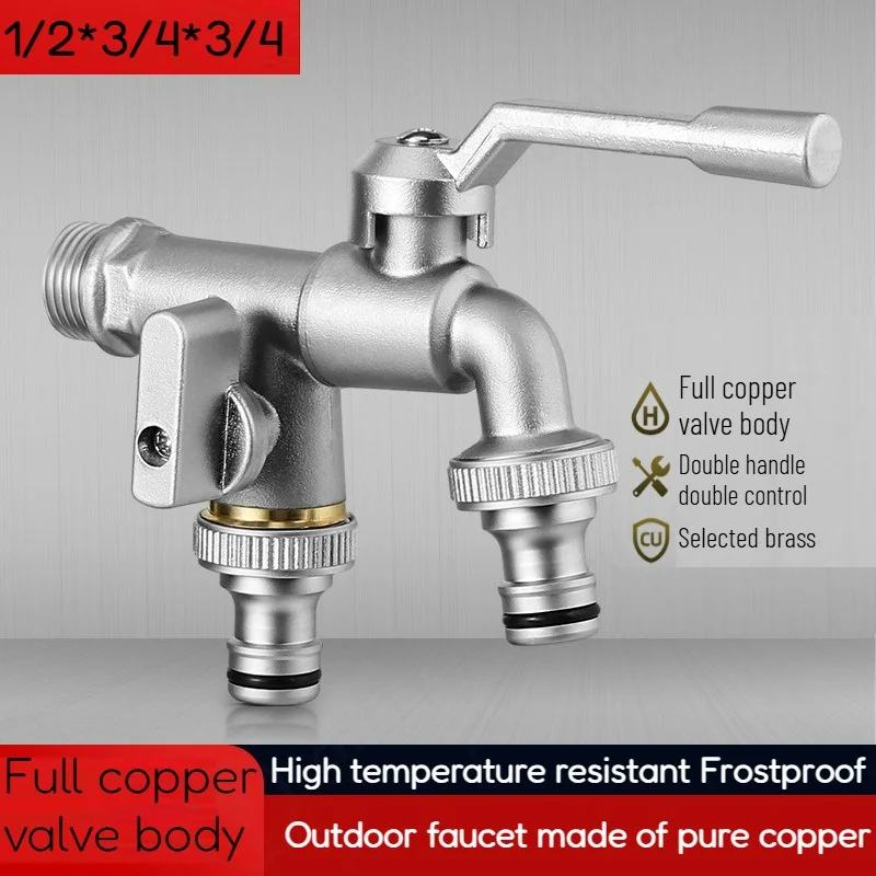 Pure Copper Outdoor Faucet Light Luxury One-inlet and Two-outlet Dual-purpose Frost-proof American Style Water Tap 1/2*3/4*3/4