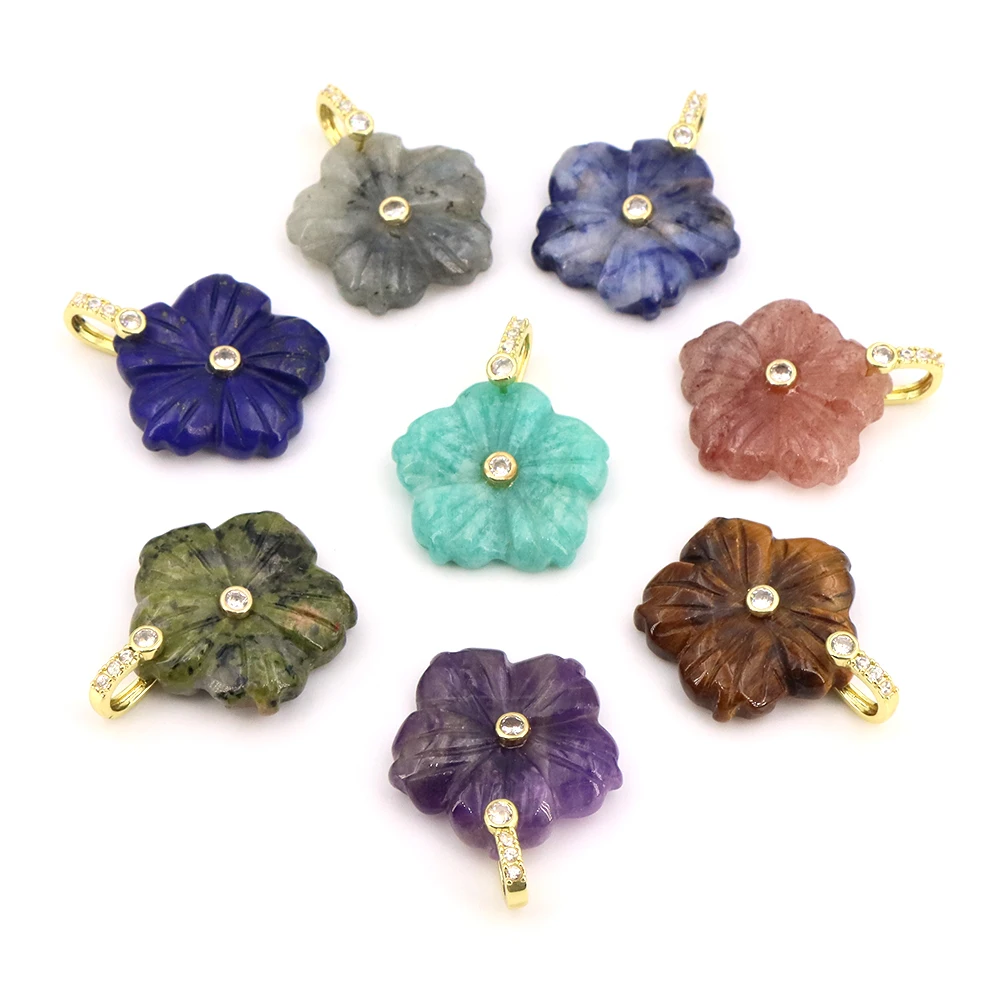 25mm Peach Blossom Flowers Plant Series Natural Stone Crystal Carved Pendant Reiki Gemstone DIY Making Handicrafts Jewelry Gift