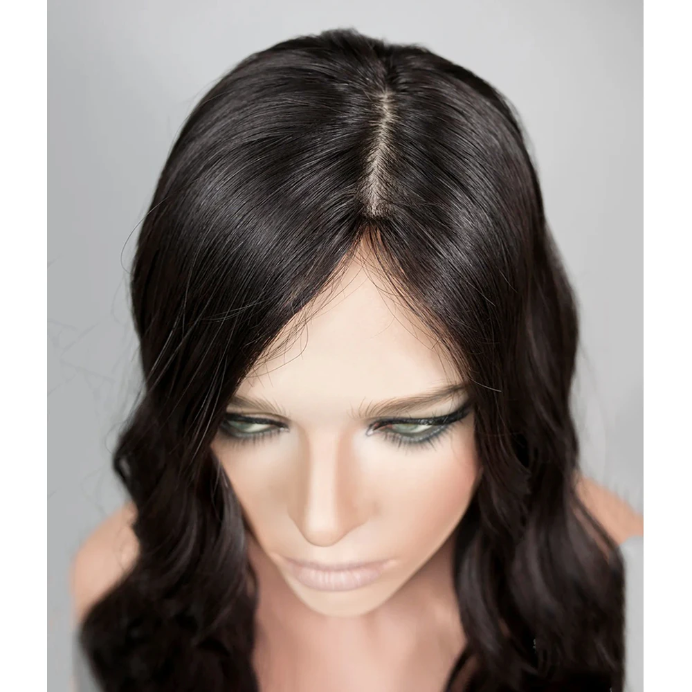 قاعدة حرير شعر بشري مموج حقيقي ، قطعة شعر علوي ، الأفضل لتساقط الشعر ، غطاء علوي رقيق ، منطقة الرأس ، 15x16 سم