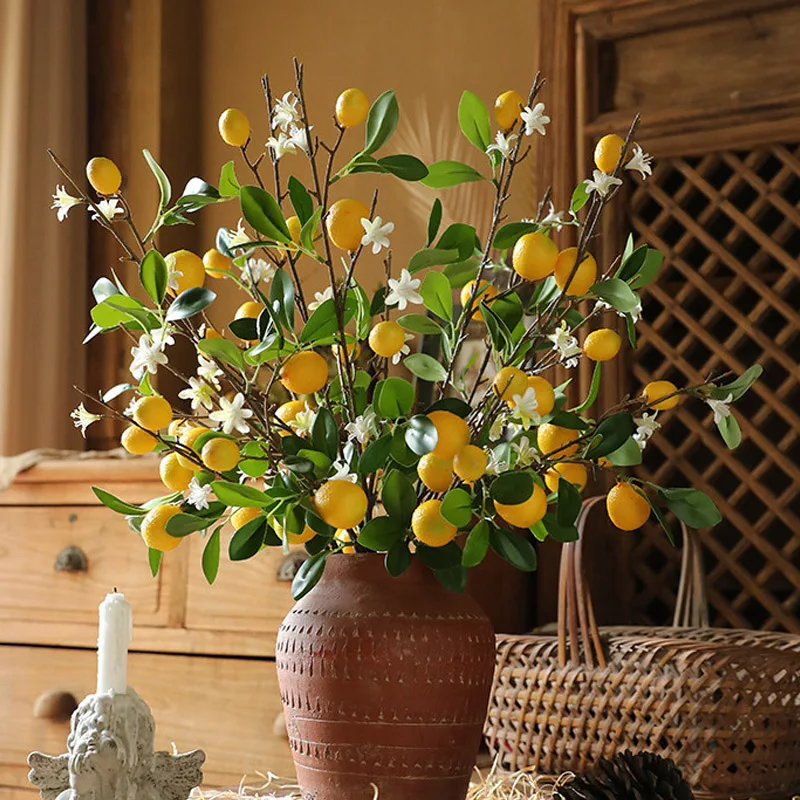 1PC Lemon Branches With Fruit Simulation Green Plants Fresh Home Decoration Photo Props Plastic Fruit Flower Arrangement