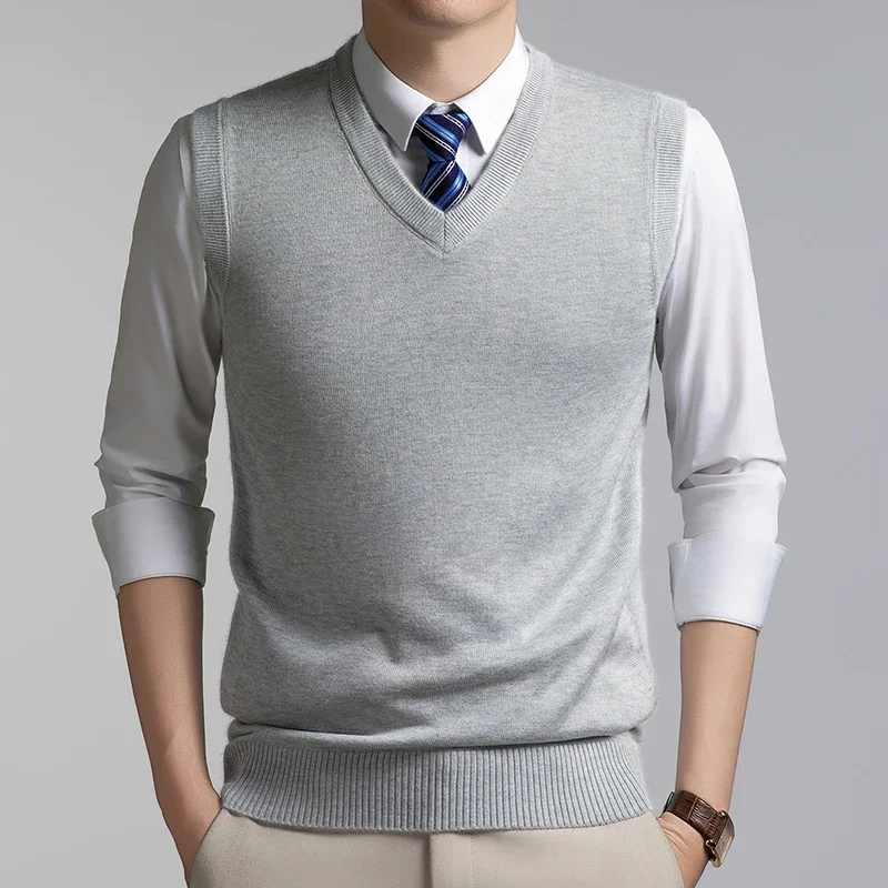 Mens V Neck Solid Knitted Vest Sleeveless Sweater Waistcoat Business Casual Slim Fit Pullover Tank Top Winter Warm Knitwear view 3