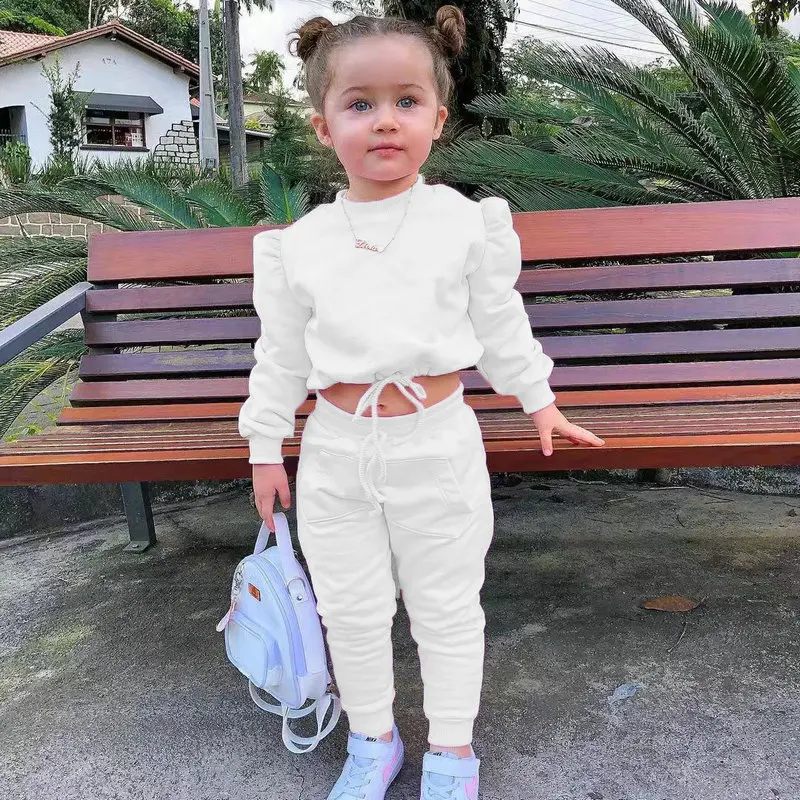 1-8Years Children\'s Kids Girls Fall Clothing Outfits Solid Color Long Sleeve Crop Tops+Sport Pants Trousers Fashion Clothes Sets