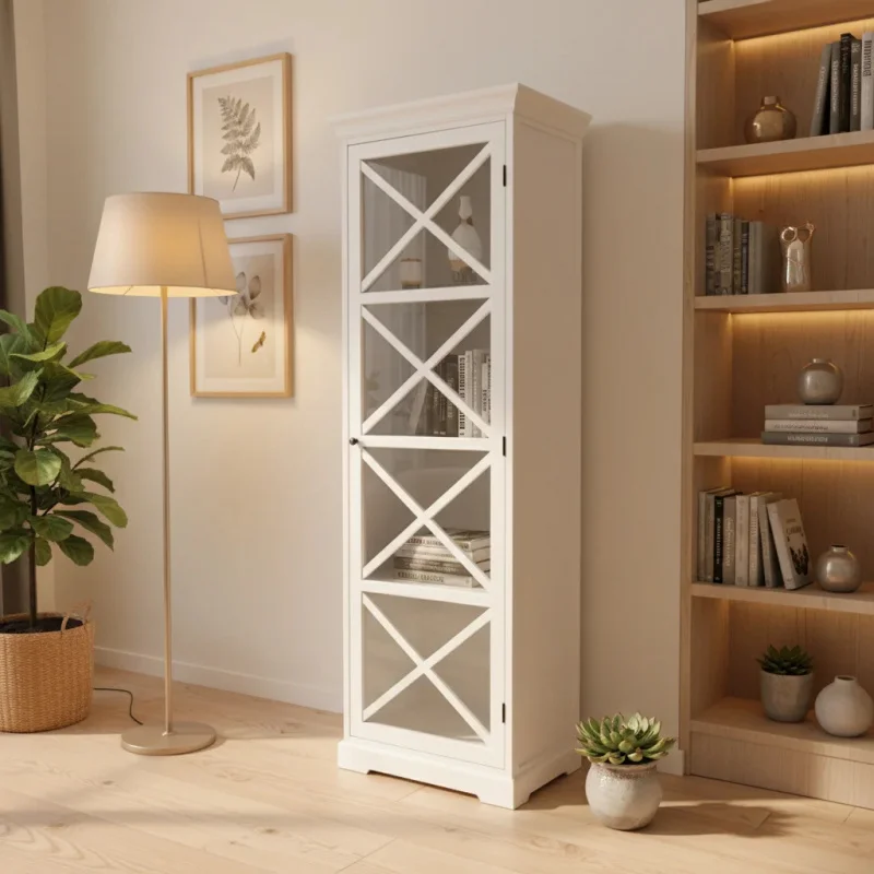 

Современный высокий шкаф-витрина из массива дерева с 3 полками, экономящий пространство, белый цвет