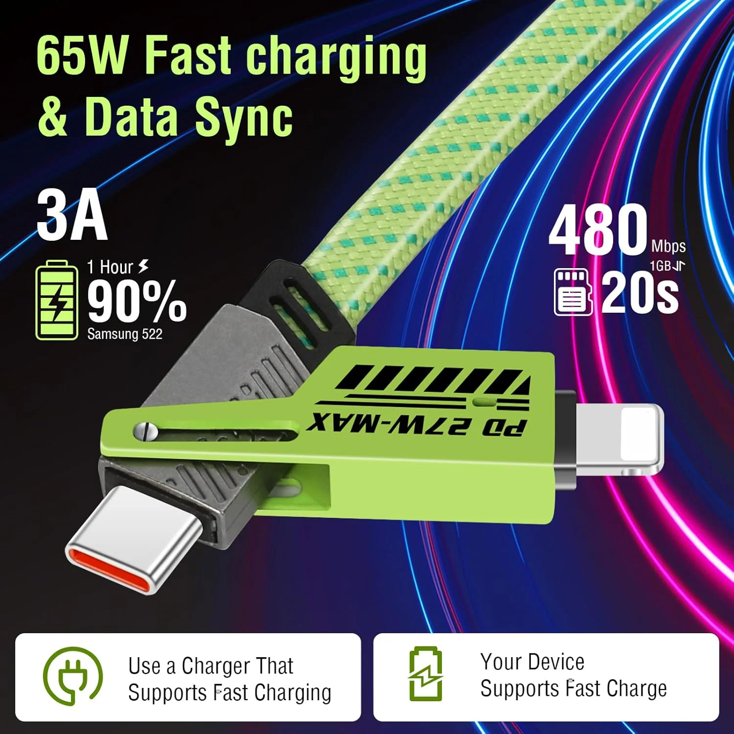 

65W Fast Charging Cable 4 in 1 USB Type C Cable Fast Charging Data Cord For iPhone Samsung Xiaomi Phone Charging Data cable