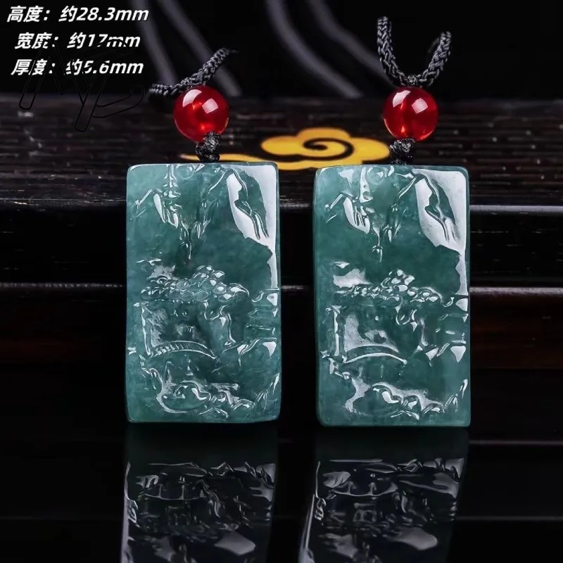 

Emerald Blue Water Jade Mountains Card Pendant Necklace Hand-carved Charm Jadeite Jewelry Fashion Lucky Amulet Gifts Men Women