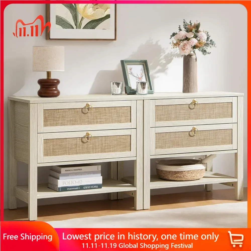 

15.5"D X 26.7"W X 25.6"H Nightstand Set of 2 with Drawers and Storage Shelf, Rattan Boho Nightstand