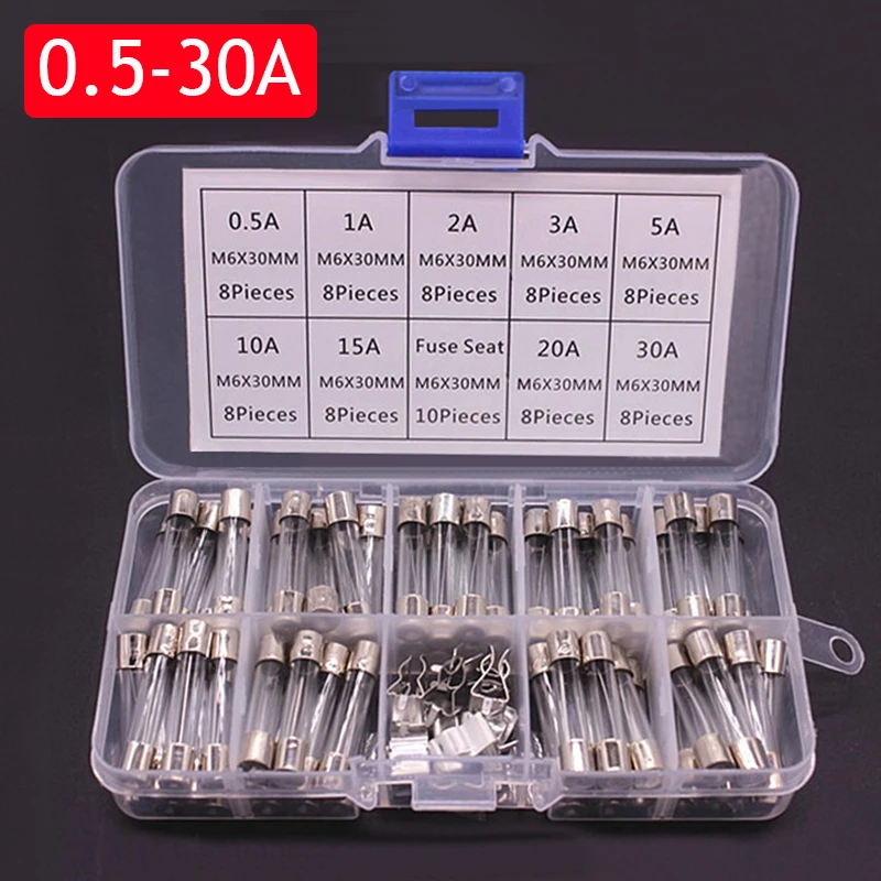 100PCS*0.2-20A 72*0.5-30A Fast-blow Glass Tube Fuses Quick Blow Car Glass Tube Fuses Assorted Kit Amp with Box Assortment Kit