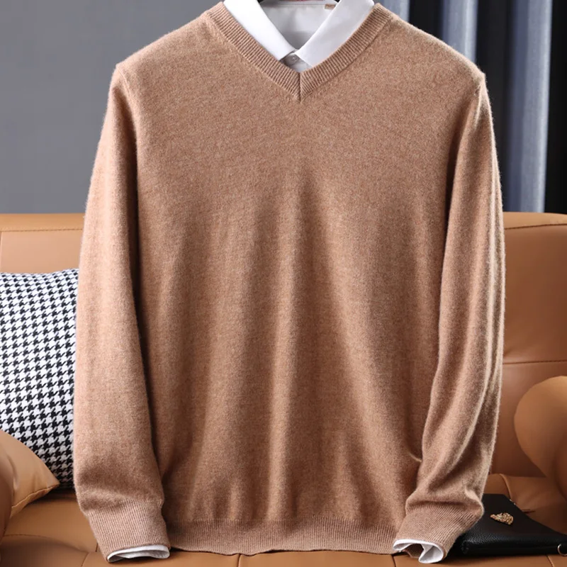 Men\'s 100% Pure Wool Sweater V-Neck Loose Pullover Fall Winter New Large Size Knitted Bottom Shirt Korean Business Casual Top