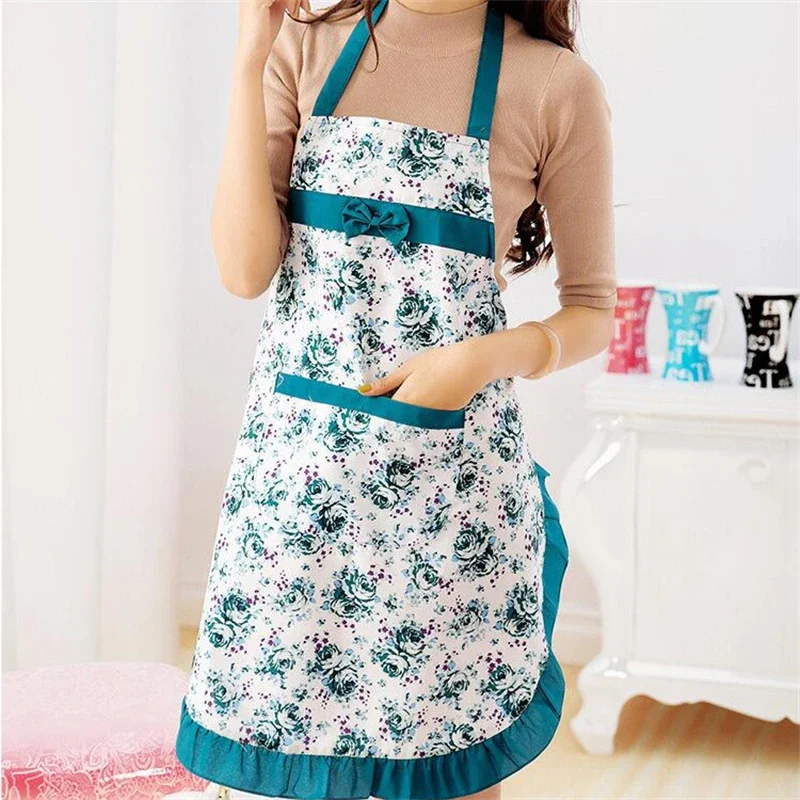 Kitchen Oil-proof Apron waterproof Cooking Apron Thicken Women Cotton Bib with Pockets Printing Dress Ladies Cleaning Aprons