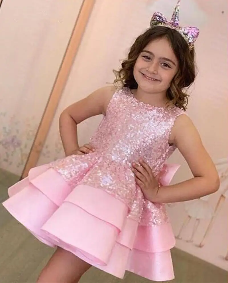 Sequin Top En Ruche Vlek Rok Korte Kids Bloemenmeisje Jurk Voor Bruiloft Prinses Boog Party Verjaardag Meisjes Avondjurken