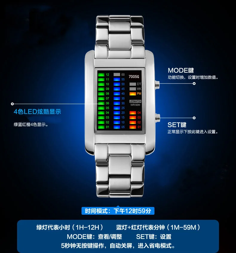 2022 New Fashion Binary Led Watches Men Sports Watches Black Steel Band Multifunctional Electronic Wristwatches Reloj Hombre