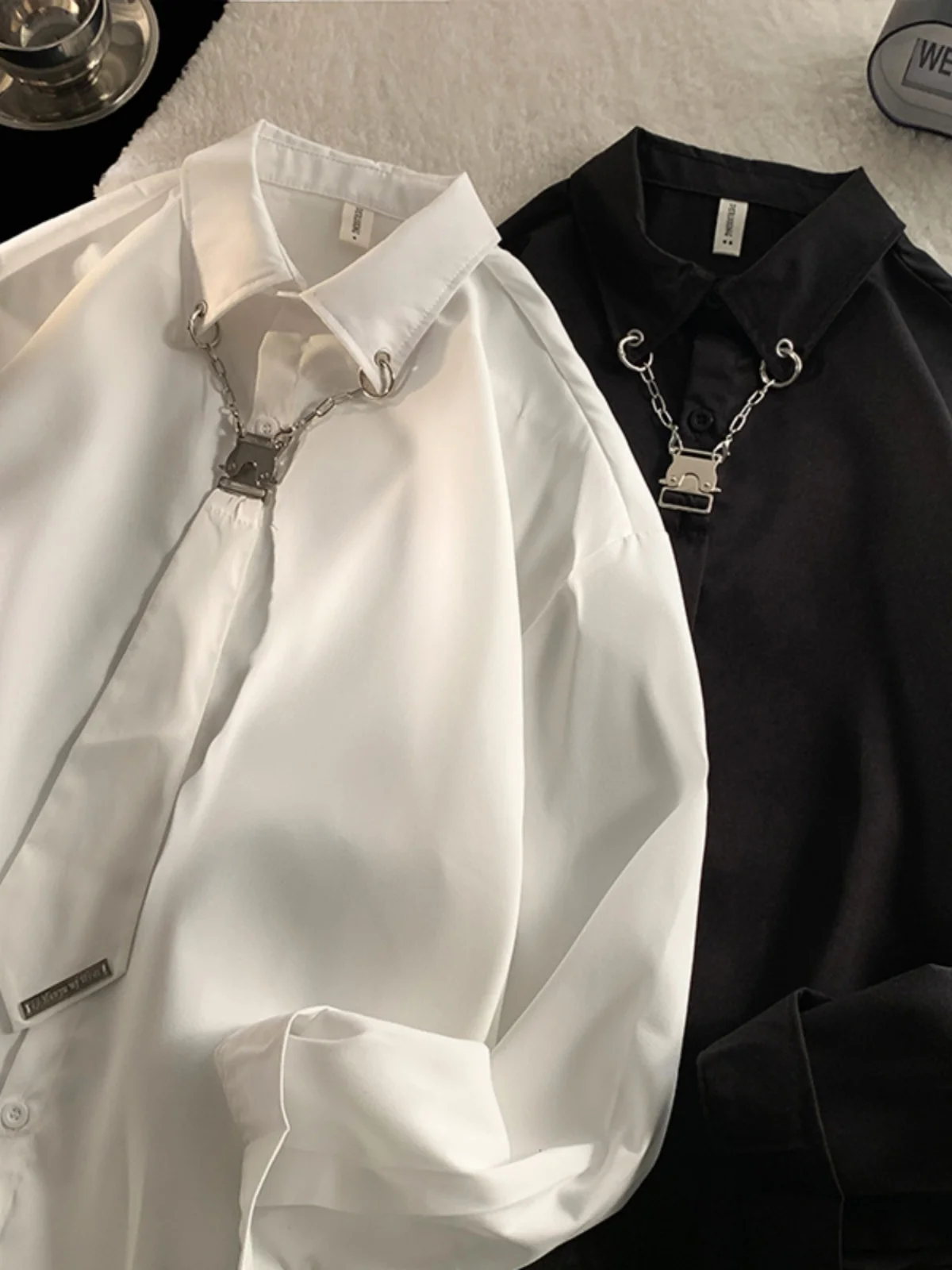 

Summer Casual Long Sleeve Chain Tie Shirt for Men Youth Trendy Retro Japanese Style Travel Wear Iron Free Pure Color Shirt