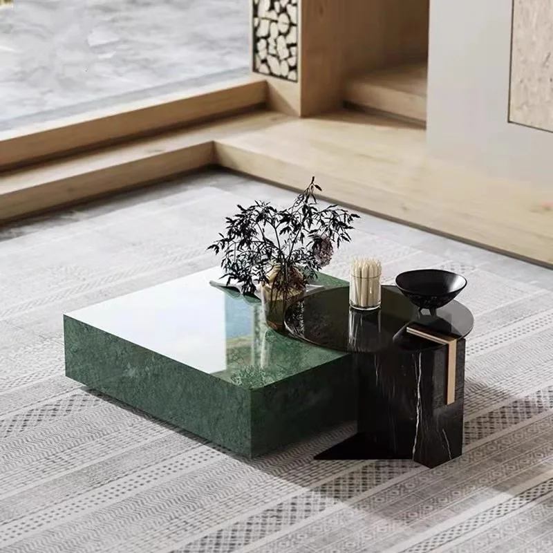 Nordic Living Room Modern Luxury Center Coffee Table Set White Green Black Marble Stone Rectangle Marble Plinth Coffee Table