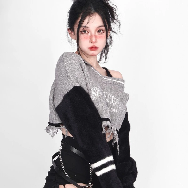 Pullovers Women Spring Spicy Girls Streetwear Tassel Fake 2pcs American Style Letter Designed Off Shoulder Patchwork Ulzzang