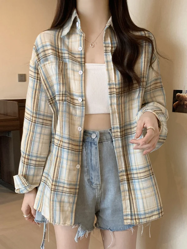 

plus Size 300 Pounds Plaid Shirt Women's Loose Style Student Inner Wear Spring Lazy Style Hong Kong Flavor Shirt