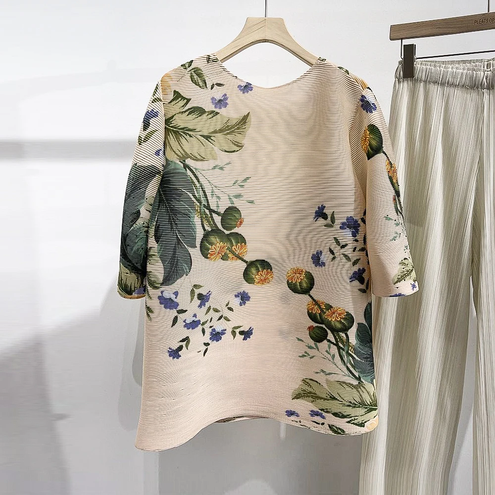 Pleated craft printing design large size temperament thin top T-shirt short sleeve 2025 spring and summer new