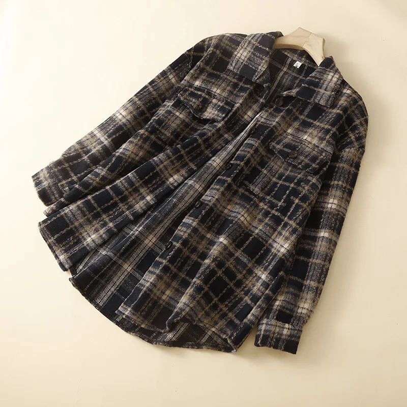Women's Plaid Woolen irt Jaet Thi Long Sve Autumn Winter Faion plus Size Versatile Outerwear Korean Sle
