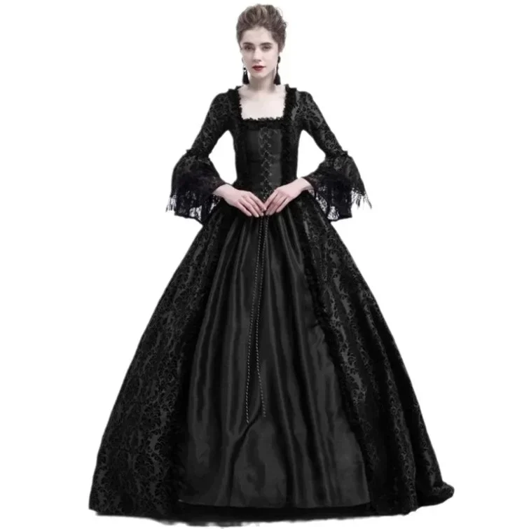 القرون الوسطى الدانتيل المرقعة جرس كم فستان المحكمة الرجعية الخامس الرقبة كامل طول الكاحل فستان المرأة موضة فانوس كم ثوب