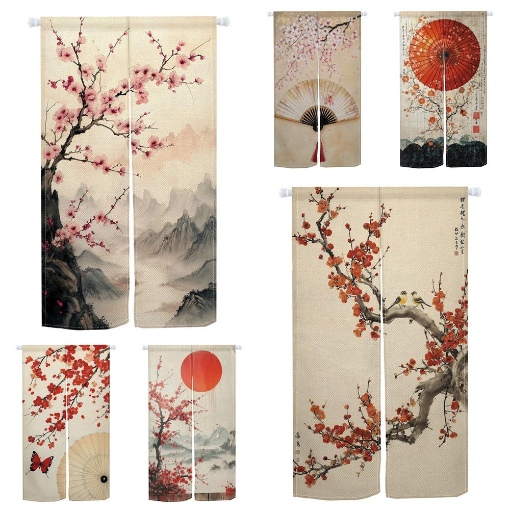 Cortinas de Porta Noren Japonesas com Padrões de Flor de Cerejeira e Guarda-Chuva Vermelho, Cortina de Linho para Porta, Decoração de Casa, Cortinas Divididas para Cozinha