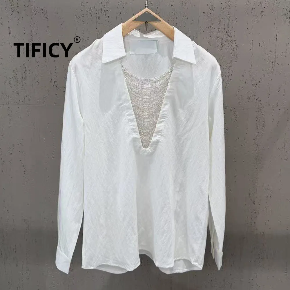 High Street Shirts Women's French Elegant Heavy-duty Diamond Chain V-neck Long Sleeved Lazy Style Shirt Commuter Top