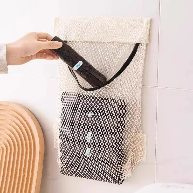 〔NN71〕Wall‑Mount Mesh Storage Bag Adhesive Shopping Bag Dispenser Kitchen Cabinet Garbage Bag Organizer Sundries Net Pouch