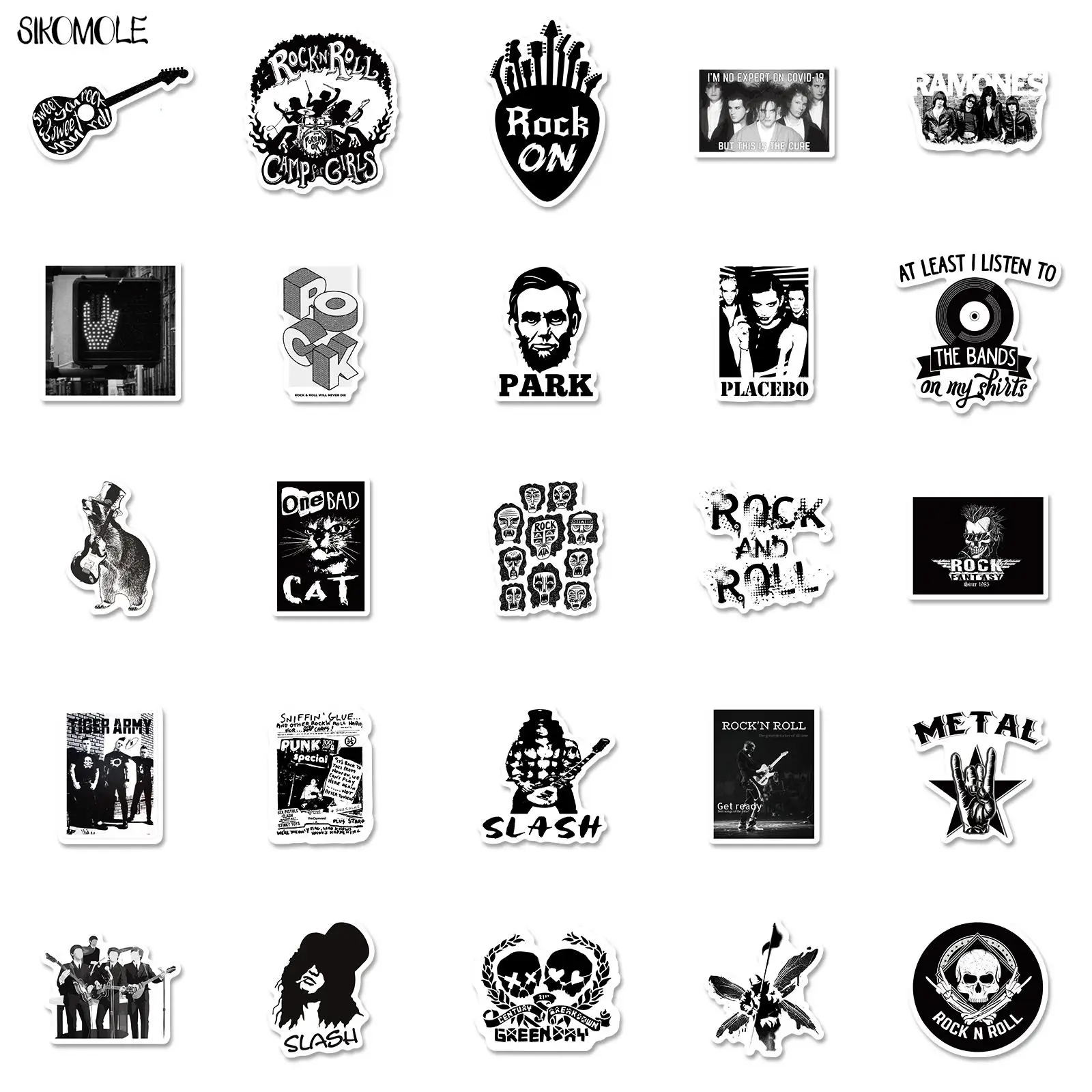 10/30/50PCS Black And White Rock Band Stickers For DIY Toy Car Skateboard Motorcycle Laptop Snowboard Decal Graffiti Sticker F5