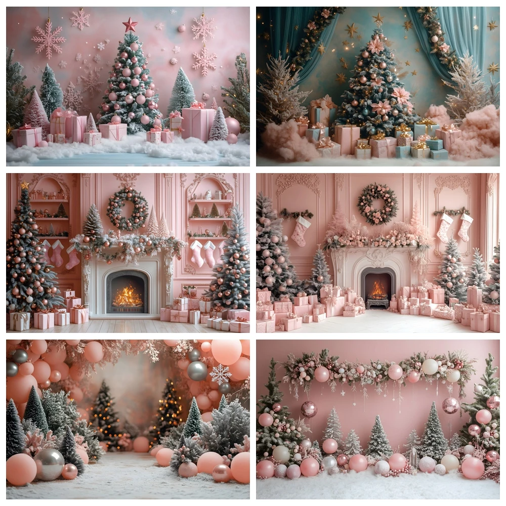 

Pink Christmas Party Background Baby Gifts Bells Fireplace Xmas Tree Family Portrait Photography Backdrop Photo Studio Props