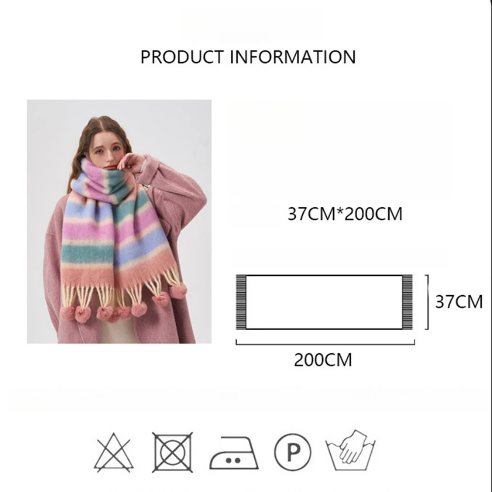 2024 Winter Cashmere Scarf Women\'s Thicken Warm Hairball Tassel Shawls Wraps Rainbow Hairy Bufand hombre Pareo Christmas Gift