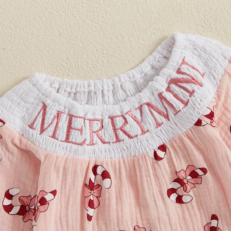 Baby Girls Christmas Romper Candy Cane Print   Letter Smocked Jumpsuits Bow Headband For Newborn Clothes