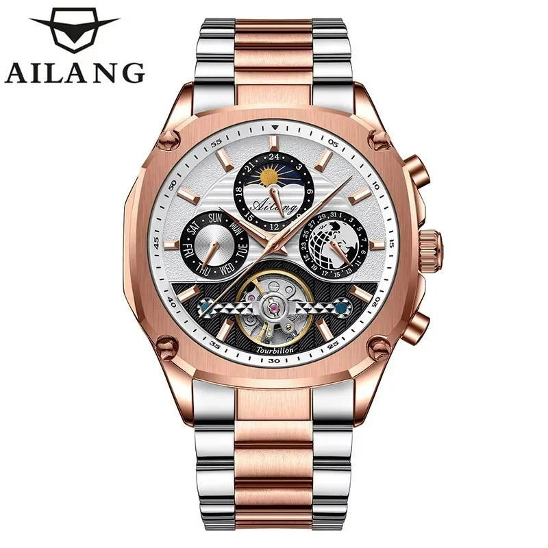 AILANG 8308 Automatic Movement New Design Dual Time Zone Moon Phase Waterproof Tourbillon Mechanical Watch for Man Holiday Gifts