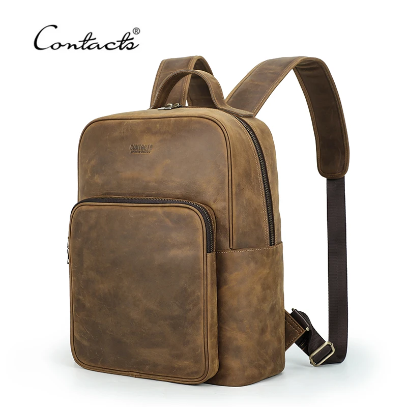 

CONTACT'S Vintage Men Backpack Designer Genuine Leather Laptop Backpacks Travel Shoulder School Bag Luxury Aesthetic Backpacks