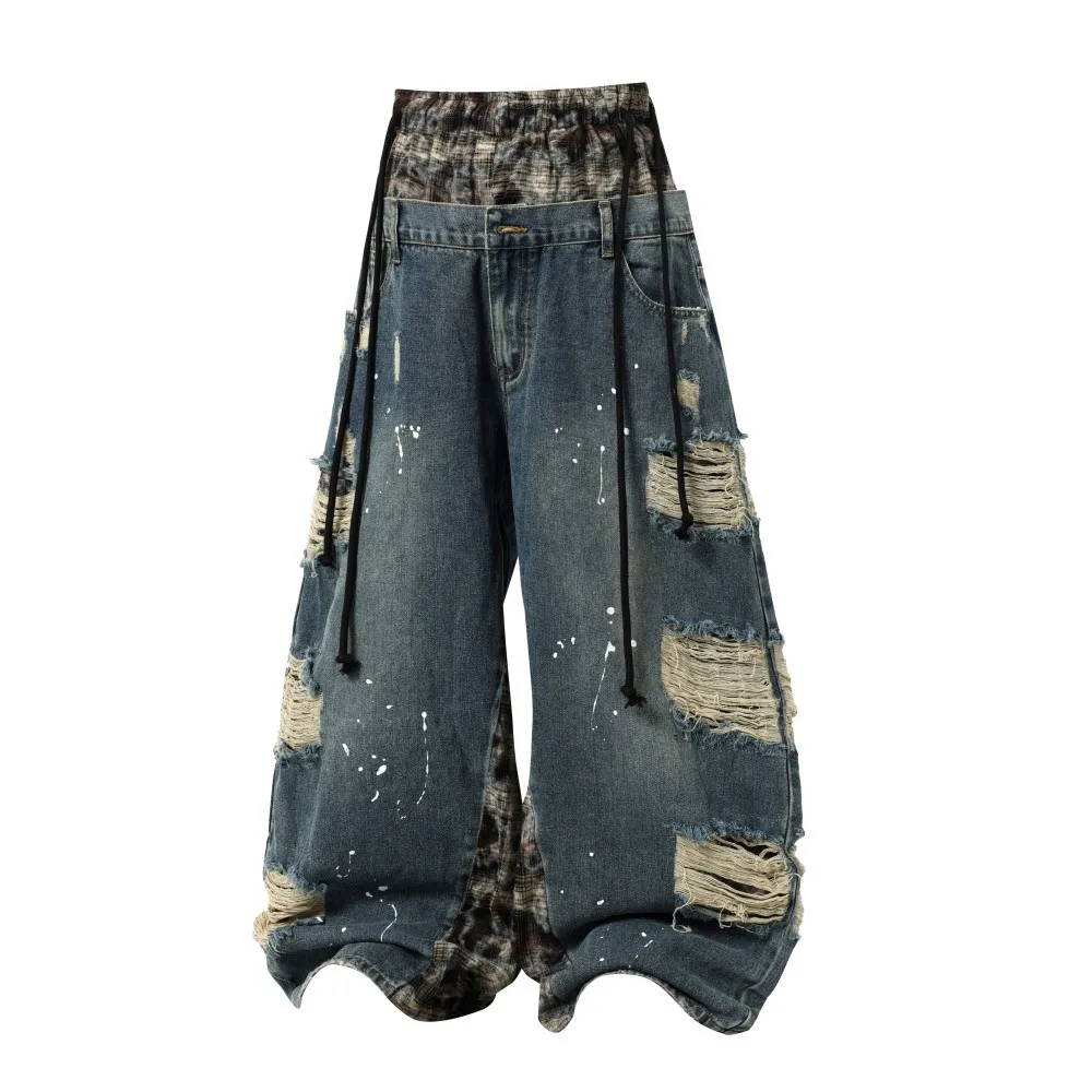 Men's High Street Destroyed Oversized HiP Hop Jeans Pants Fashion Streetwear Loose Fit Y2K Ripped Denim Trousers Double Waist