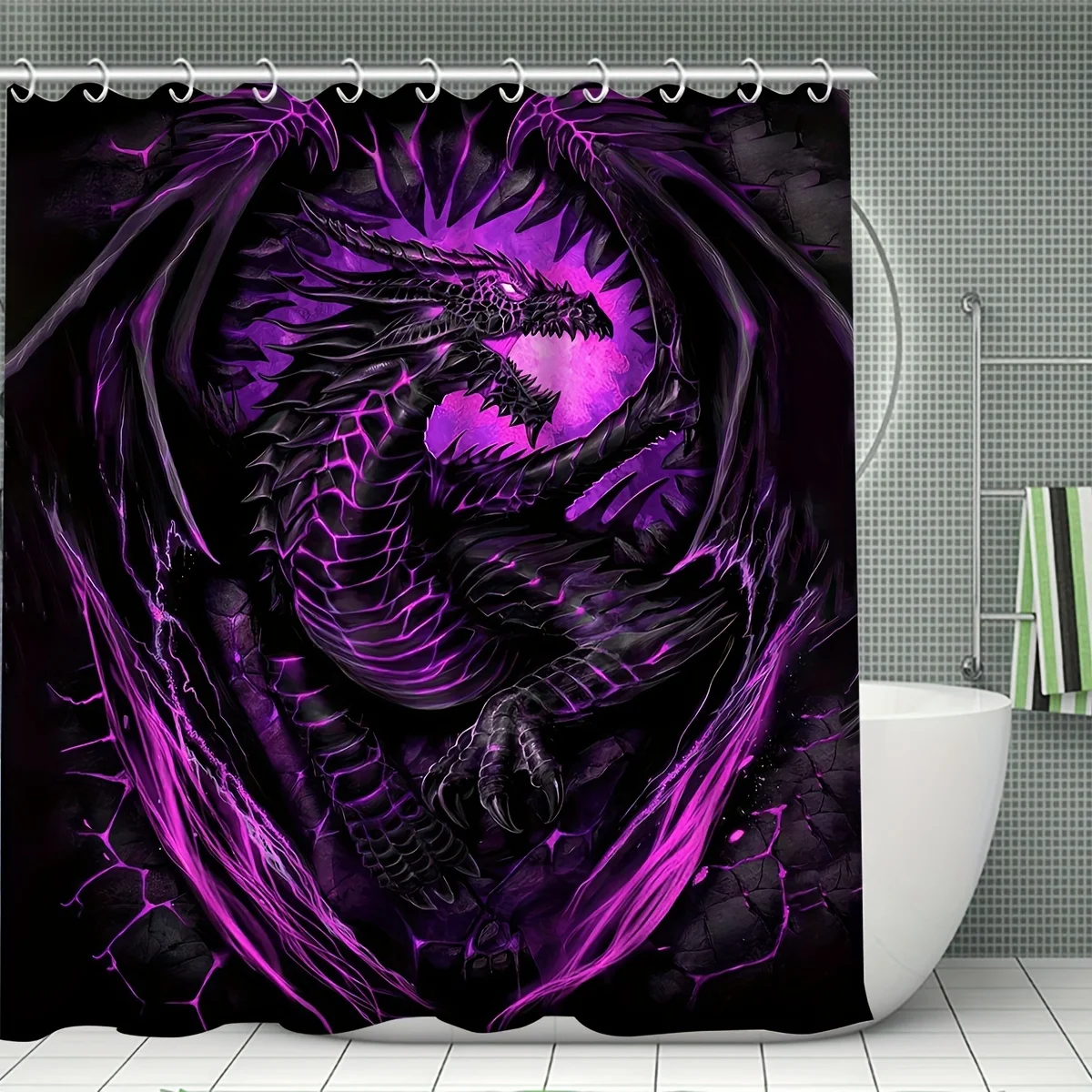 Evil Flying Purple Dragon Dream Bathroom Set - Waterproof Shower Curtain, Toilet Lid, Bath Mat, and Contour Mat