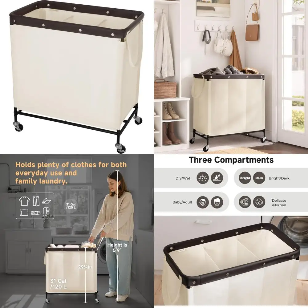 

Rolling 3-Section Laundry Cart with Wheels, 120L Beige Storage Organizer for Laundry Room