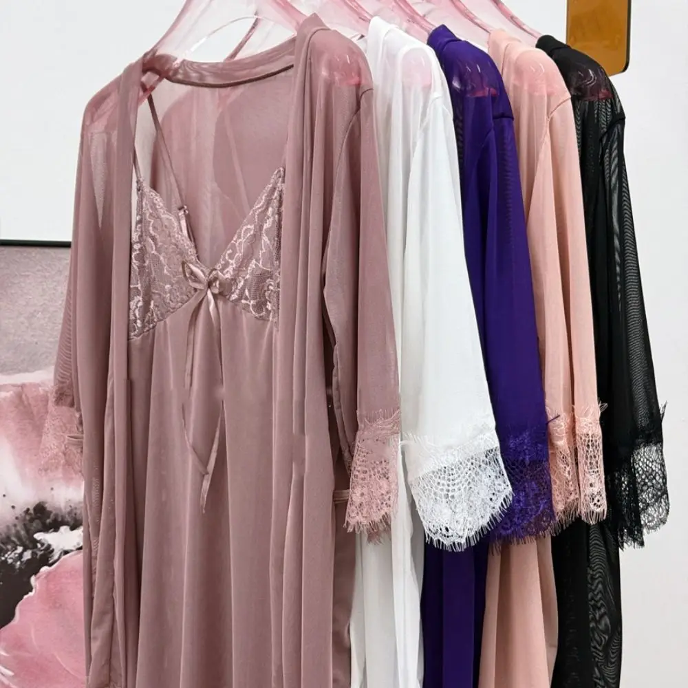 

Transparent Lace Suspender Nightdress Backless Ice Silk Mesh Sling Nightgown Women Lingerie Deep V Neck Sleepwear Robe Set Lady