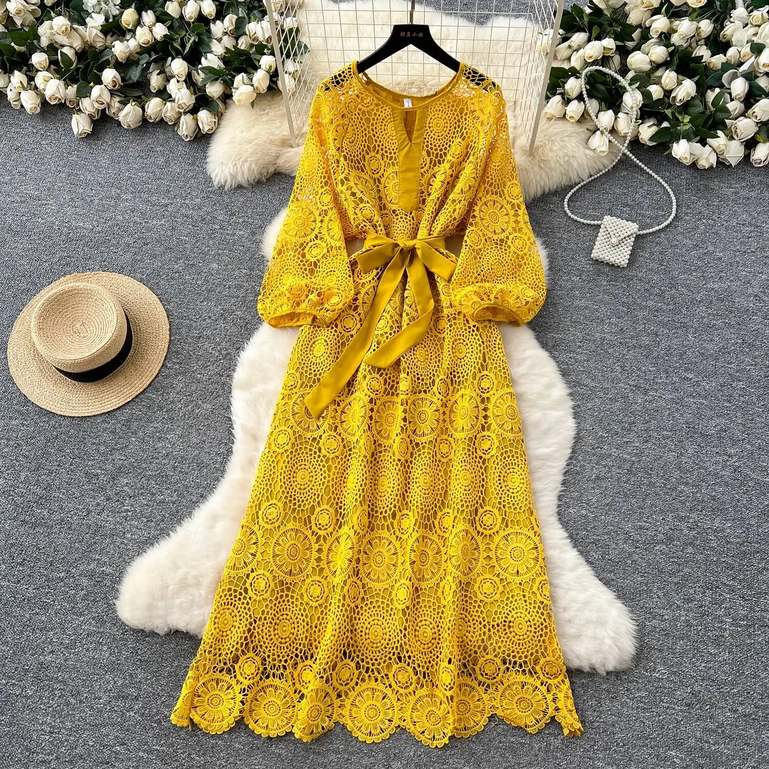 เดรสลูกไม้สไตล์วินเทจสุดเซ็กซี่ แต่งลายดอกไม้ฉลุ ปักลายลูกไม้ ชุดเดรสยาวเก๋ไก๋ สง่างาม แฟชั่น ชุดเดรสทรงเข้ารูป สไตล์โกธิค ชุดเดรสลำลองสำหรับผู้หญิง