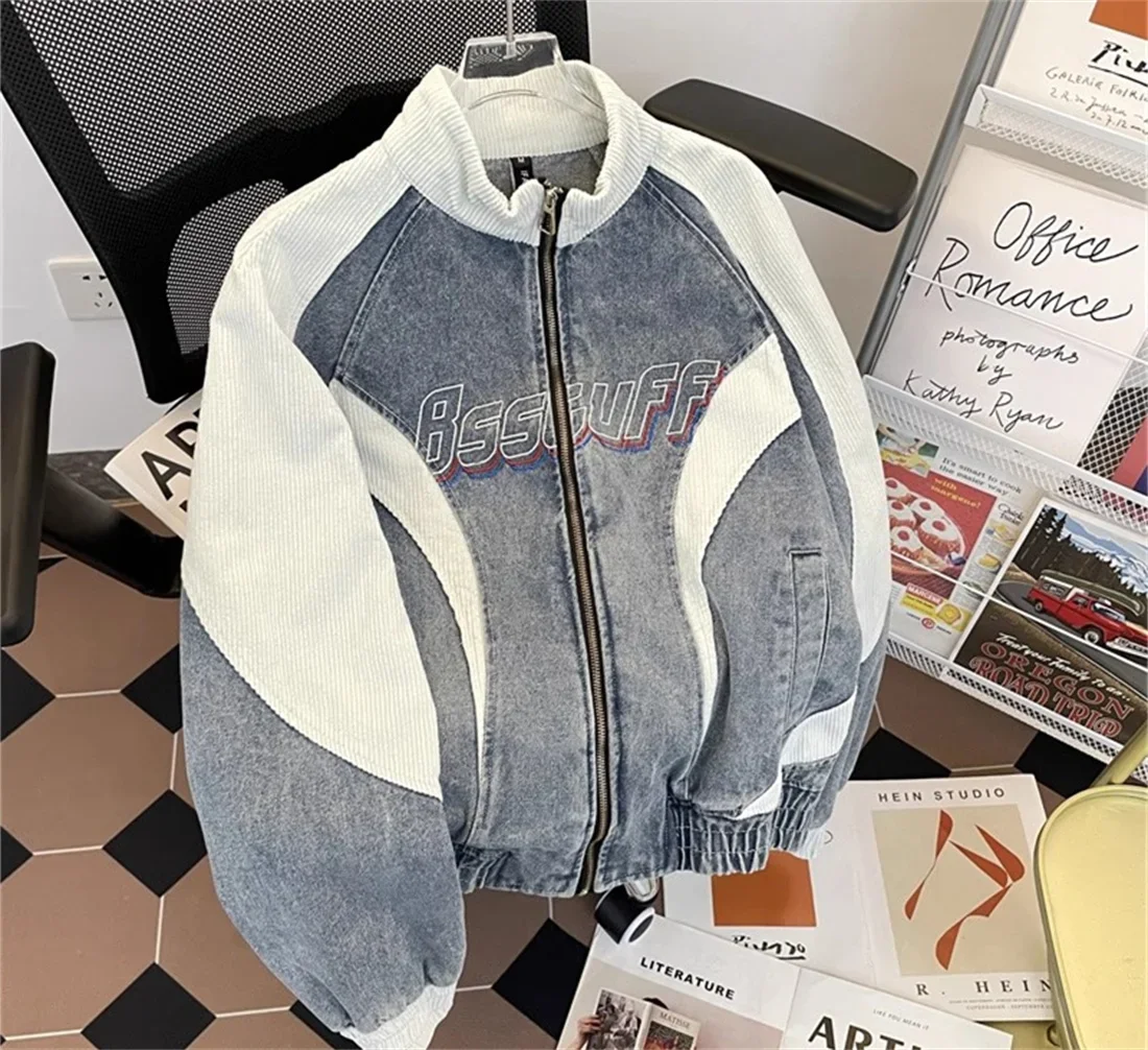 Hip Hop Retro  Fashion and Classic Vintage Denim Jacket Men's Baseball Uniform American Washed Stand Up Collar Niche Design Jack