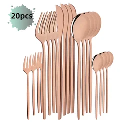 20Pcs/Set Rose Gold Cutlery Set Stainless Steel Tableware Knife Cake Fork Spoon Dinnerware Set Kitchen Flatware Silverware