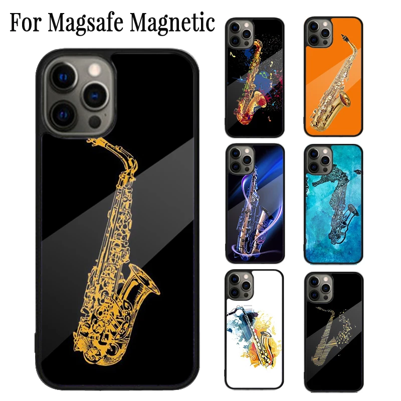 Funda de teléfono magnética para saxofón, cubierta inalámbrica Magsafe, arte de acuarela, para iPhone 16, 15, 14 Plus, 13, 12 Mini, 11 Pro Max