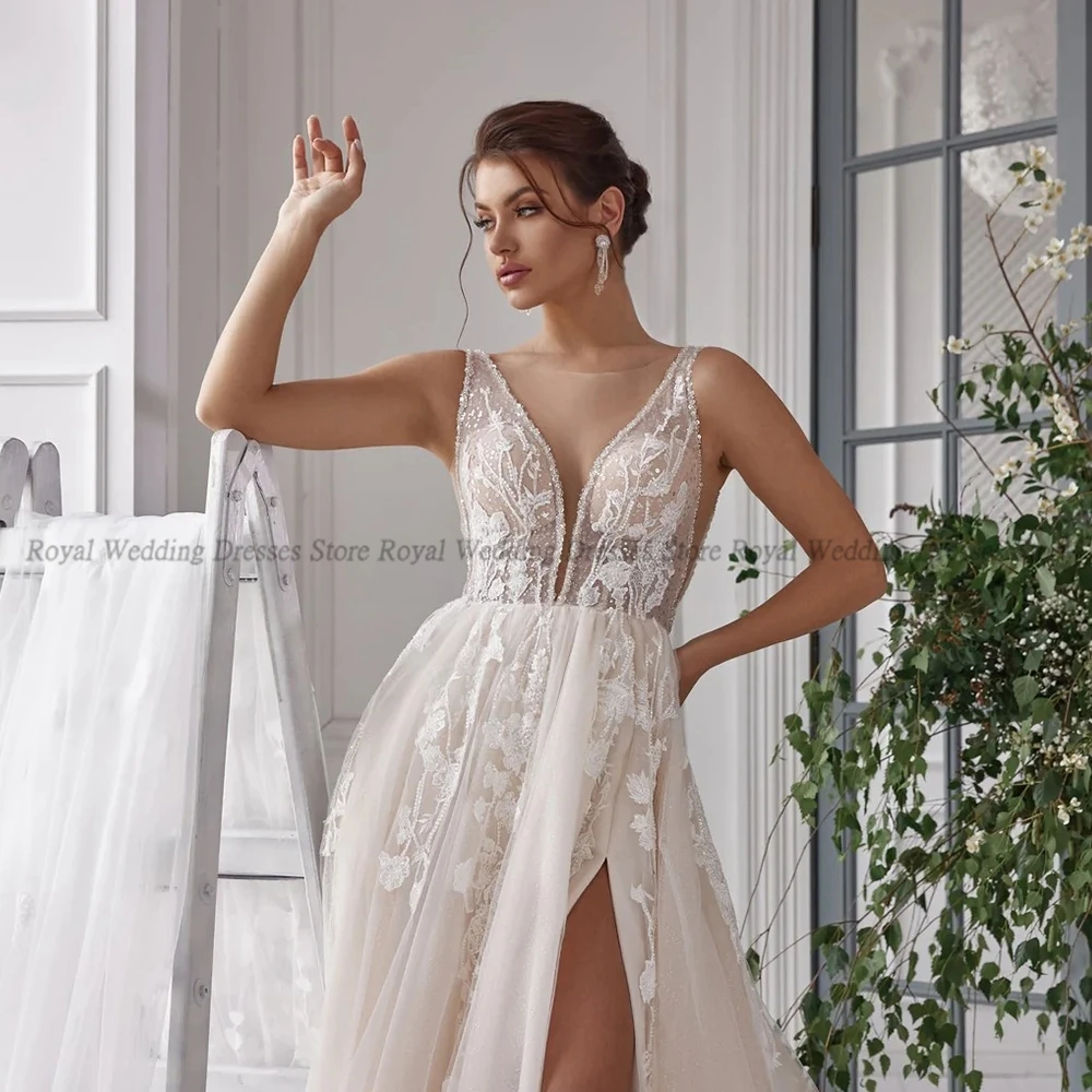 RANMO Fashion A Line Wedding Dresses Tulle V Neck High Slit Handmade Flower Applique V Neck 2022 Floor Length Gowns Robe De Ma