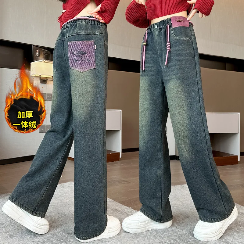 American Retro Children Winter Insulated Jeans for Girls Kids Warm Pants Trousers With Fleece Lined Thick Denim Jeans For Teens