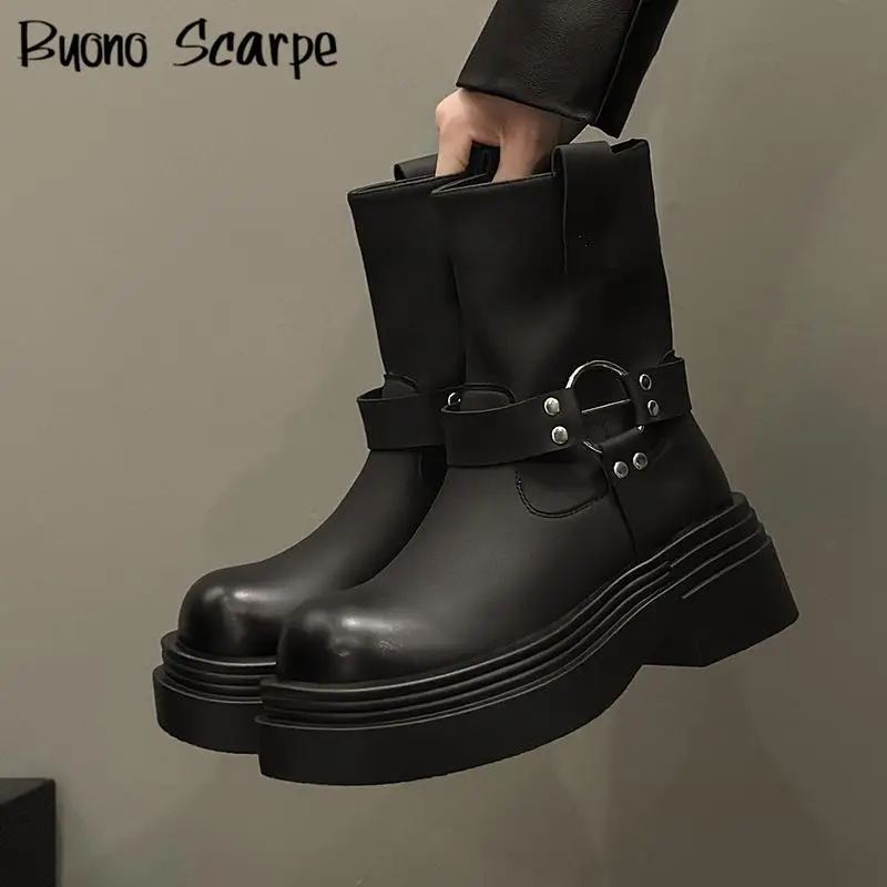 

Роскошный дизайн, пряжка ремня, круглый носок, толстая подошва, женские ботинки на платформе и массивном каблуке, однотонная модная классическая обувь в стиле вестерн в стиле панк