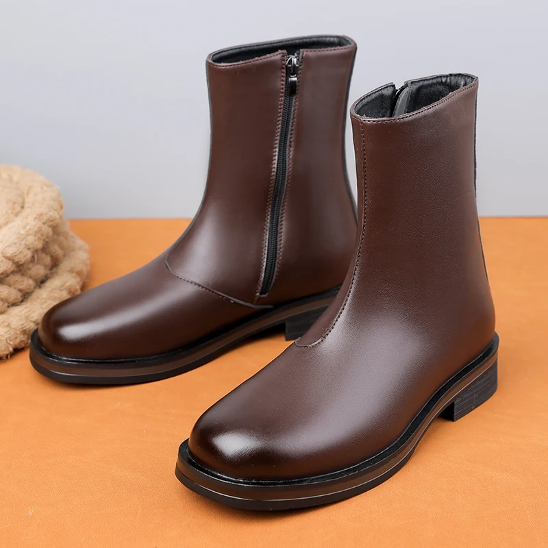 Men's Side Zipper Mid Calf Leather Boots Casual Thick Sole Chelsea Boots Autumn Winter Outdoor Classic Black Brown Ankle Boots