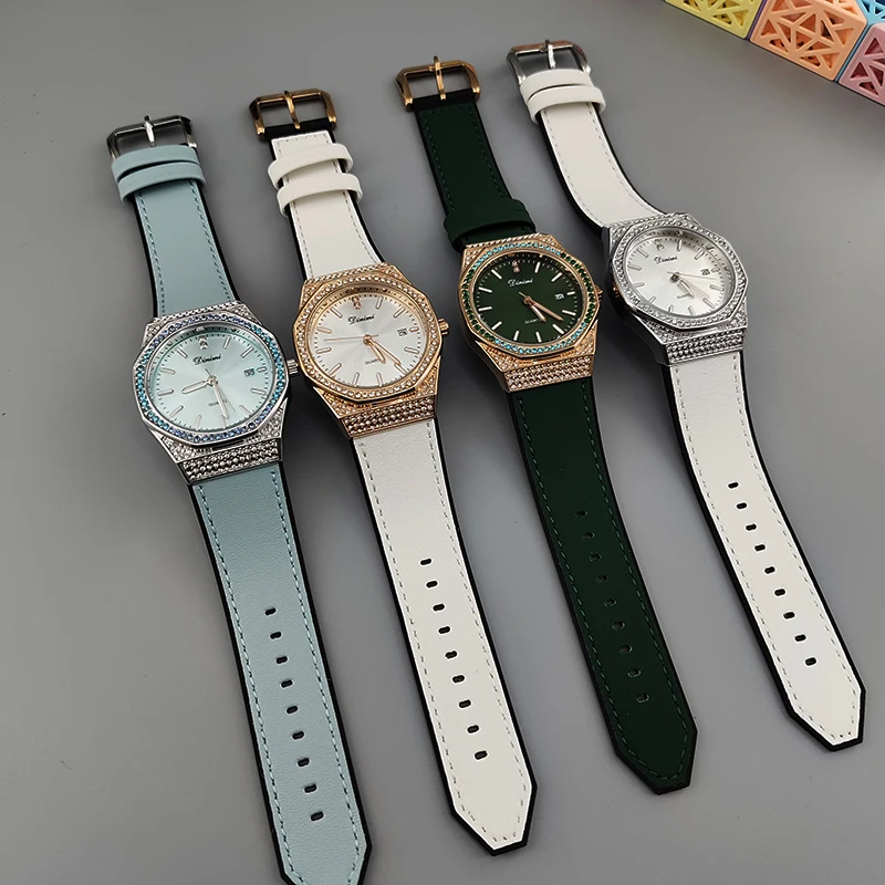 ساعة كوارتز نسائية أنيقة بأحجار الراين الملونة وحزام سيليكون أنيق ووجه دائري دقيق - إكسسوار عصري f