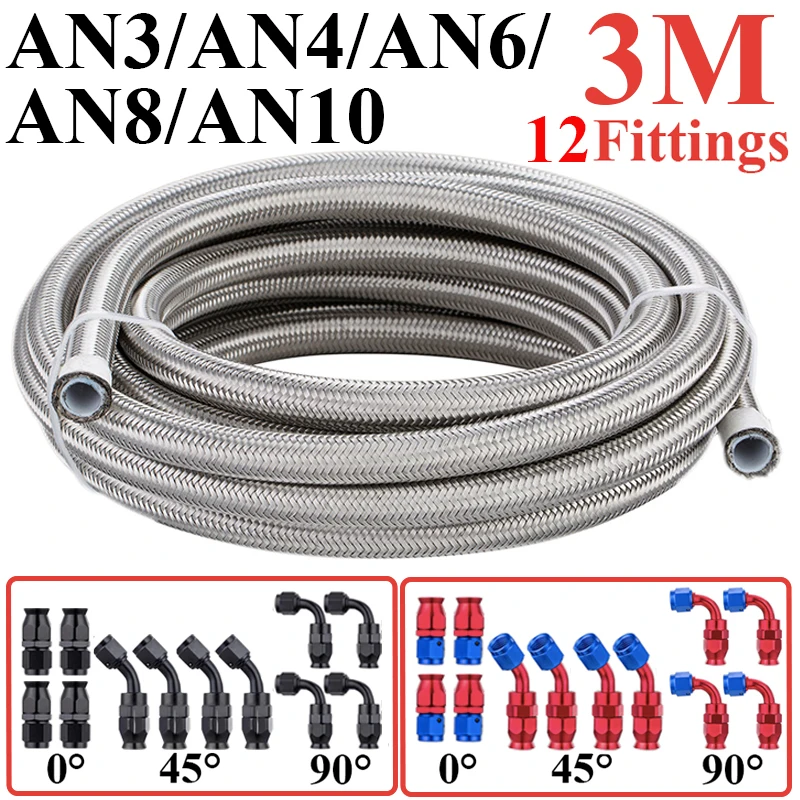 3M AN3 AN4 AN6 AN8 AN10 E85 Stainless Steel PTFE Fuel Hose Oil Gas Cooler Line Pipe Tube 4x0° 4x45° 4x90° Swivel End Fittings