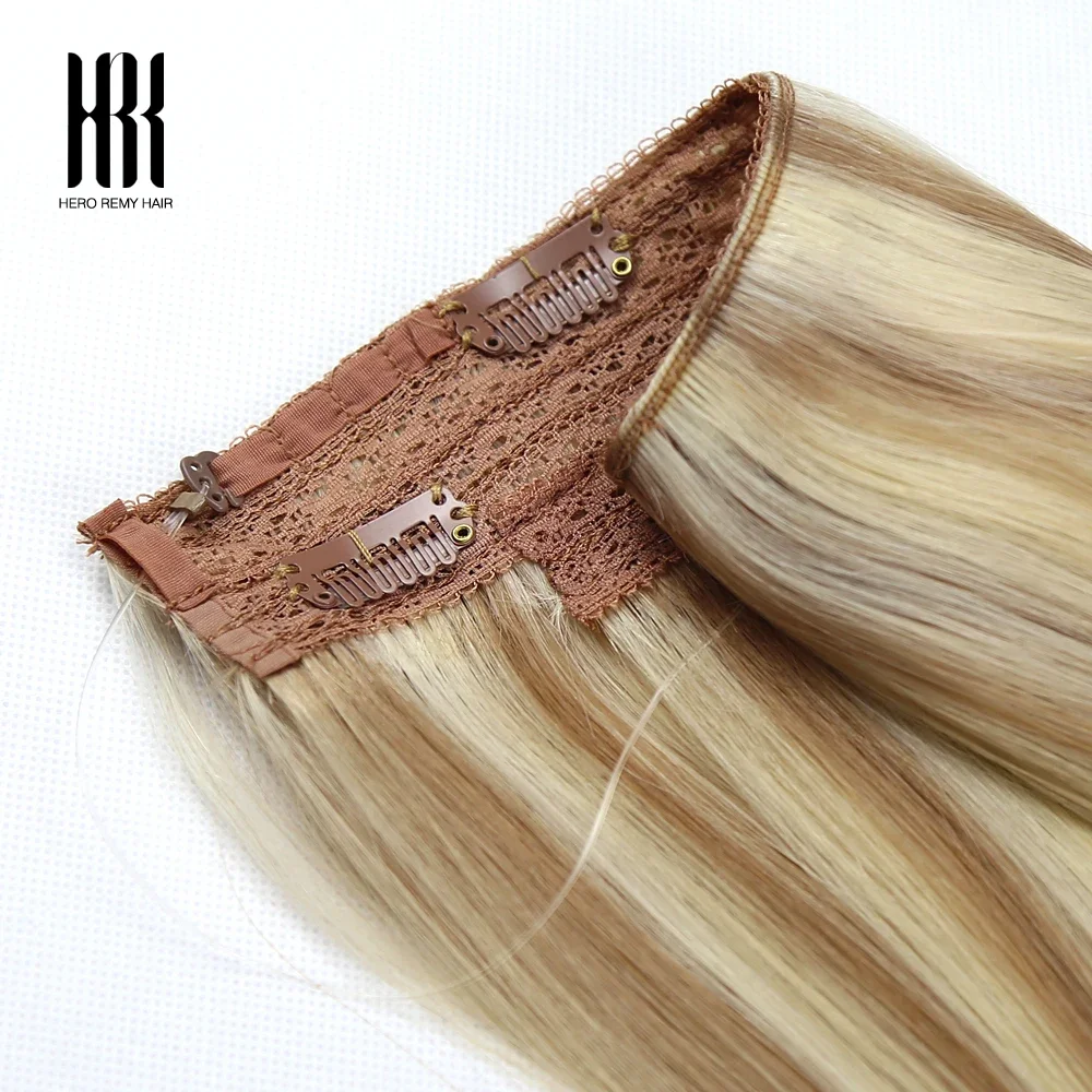 Halo Hair Extension Real Human Hair Invisible Wire Hair Extension with Transparent Wire Adjustable Size Fish Line Hair Extension