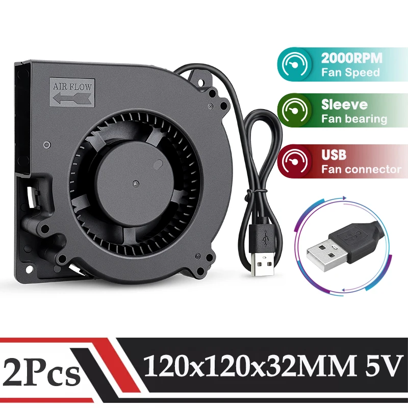 

2Pcs Gdstime DC 5V USB Blower Fan 120x120x32MM Centrifugal Turbo Fan 12CM Big Flow Cooler 120MM for Industrial Machine Cooling