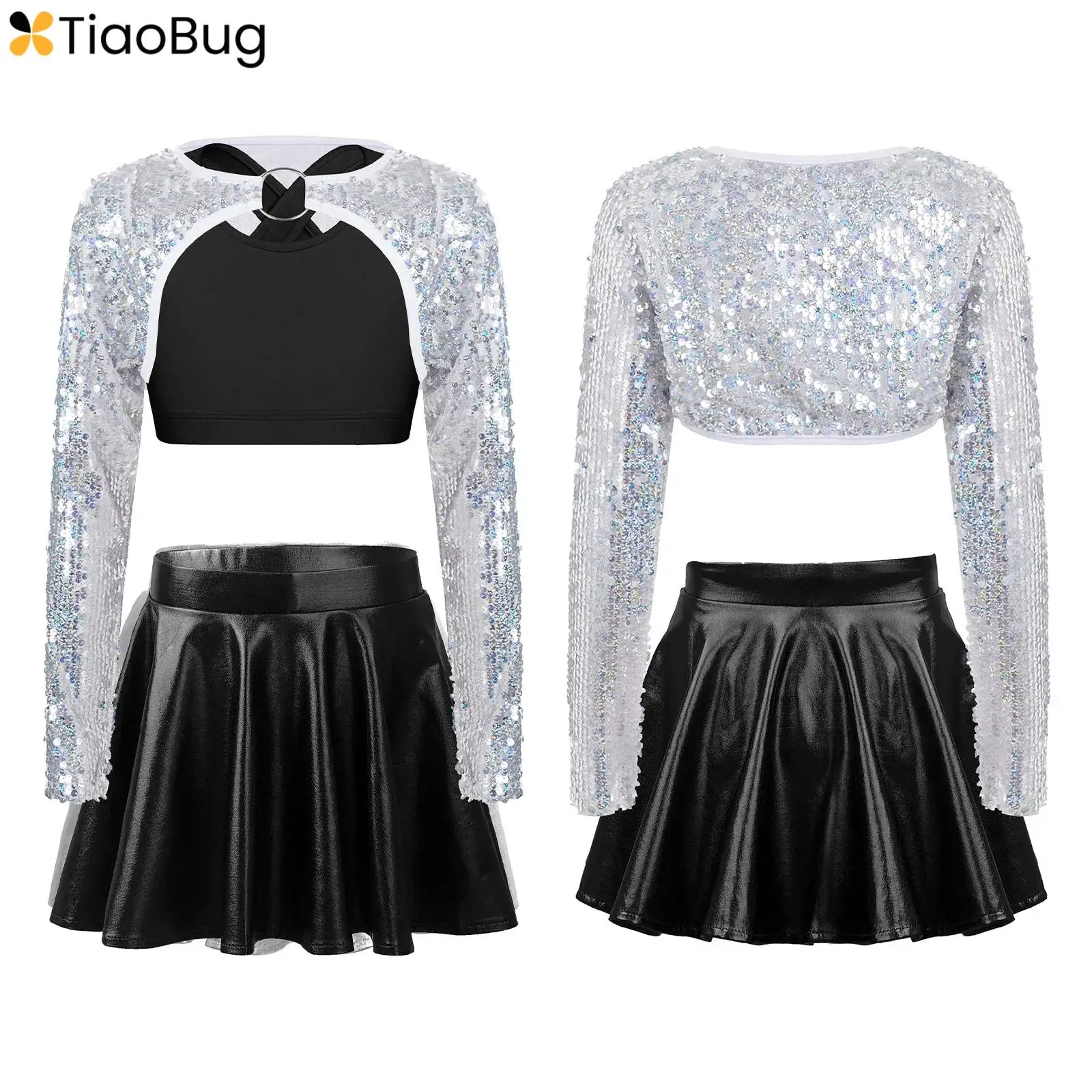 3Pcs Kids Girls Jazz Dance Outfit U Neck Sleeveless Vest+Glittery Sequined Bolero Shrug+Long Sleeve Crop Top+Metallic Skirt Sets