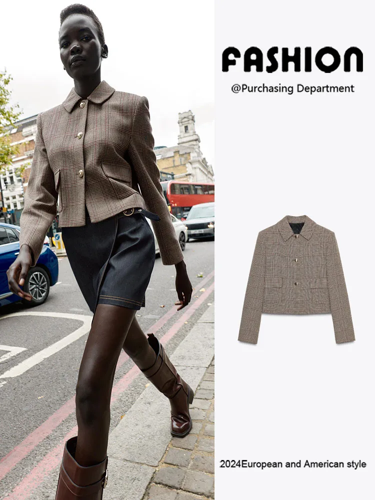 

New Autumn Women's Faionable Plaid ort Suit Jaet Long Sve Turn-down Collar Versatile Outerwear Ele Lady's Coat